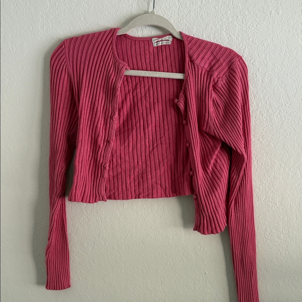UO Pink Ribbed Button-Up Cardigan cropped